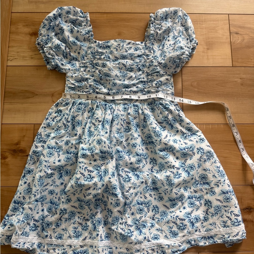 Joie White Dress with Blue Floral Print and Puff Sleeves